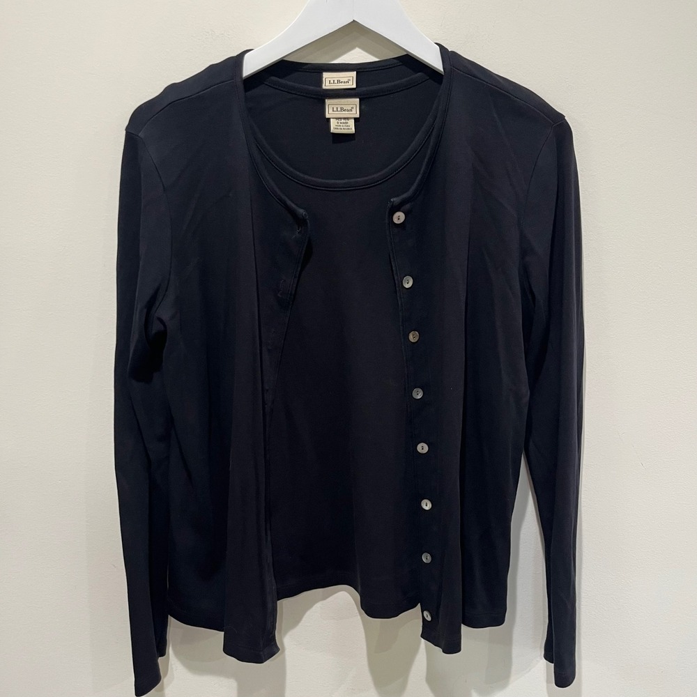 2 pc LL Bean Cardigan Tank Set Women Medium Black Supima Cotton Classic Capsule - Picture 2 of 8